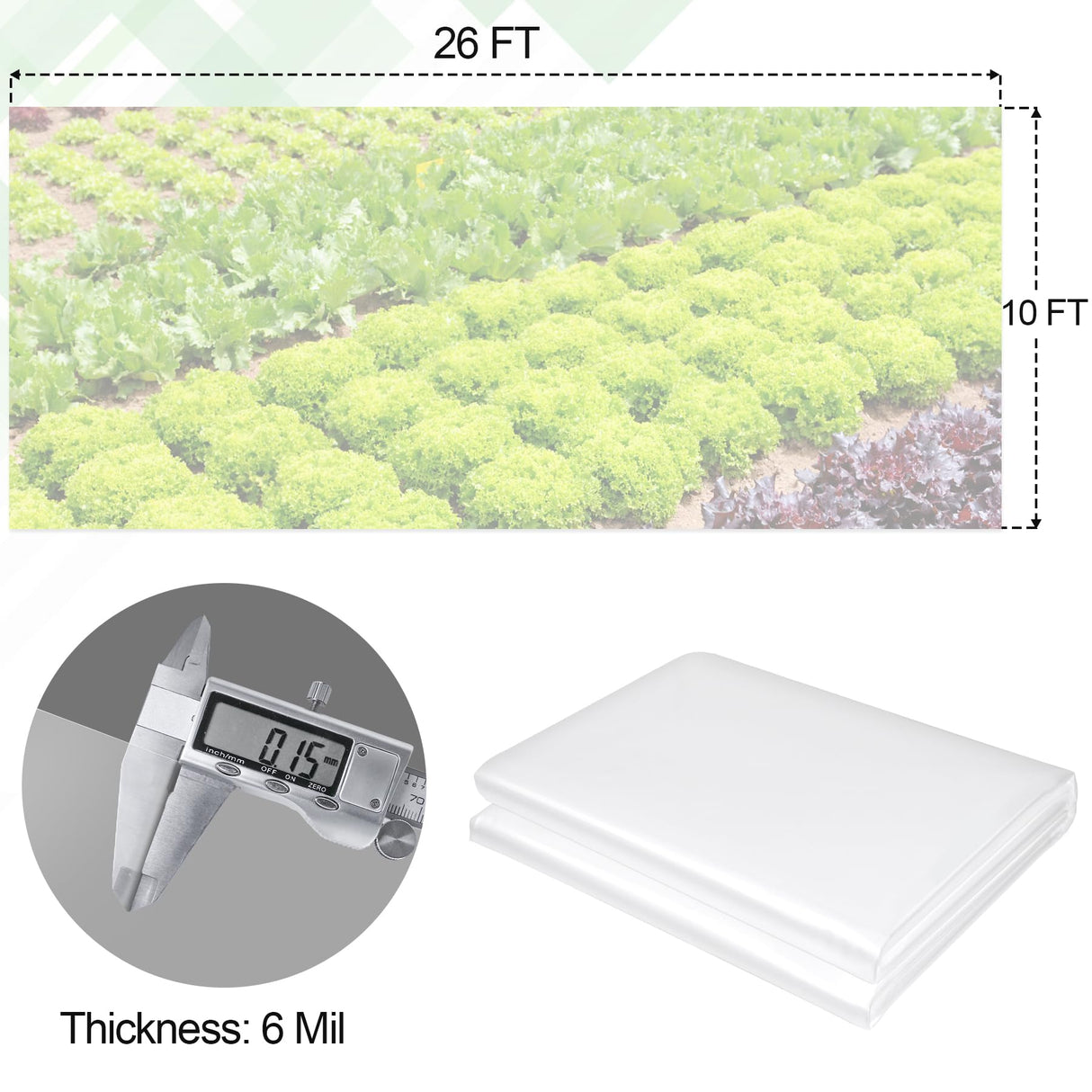 10 x 26 FT Clear Greenhouse Plastic Sheeting, 6 Mil Polyethylene Film Heavy Duty, Water Sun Frost Wind Dust Resistant Winter Hoop House Toughness Plastic Cover for Farming, Gardening, Agriculture, DIY