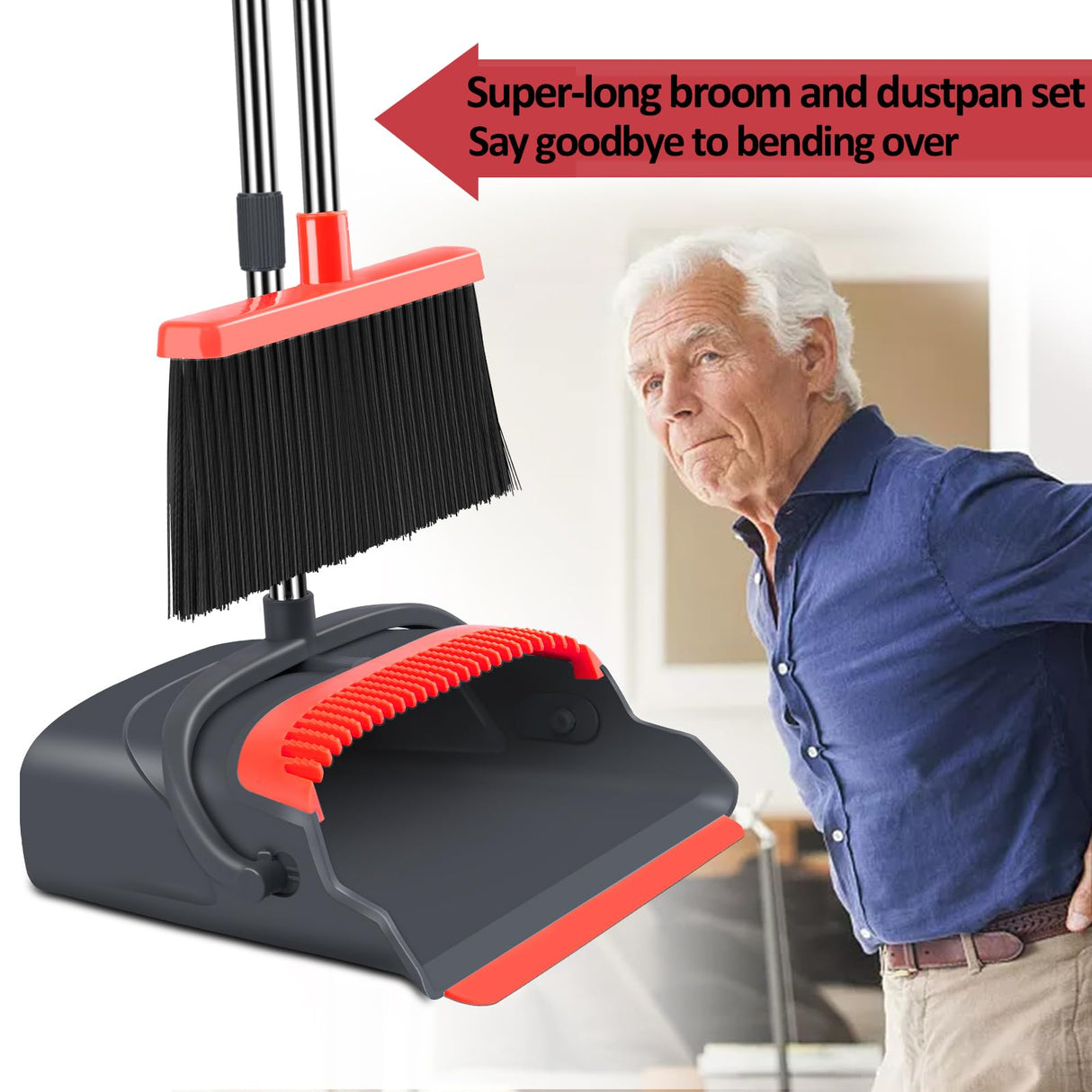 kelamayi Upgrade Broom and Dustpan Set, Broom with Dustpan Combo Set, Large Size and with Long Handle, Upright,Ideal for Indoor Outdoor Garage Kitchen Room Office Lobby Use (Black&Red)