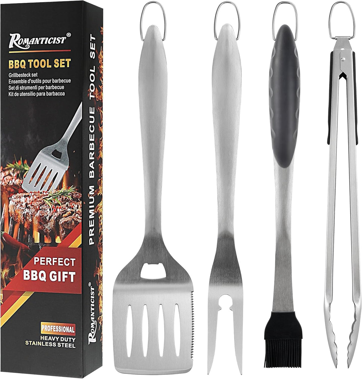 ROMANTICIST 4pcs Heavy Duty Grill Accessories for Top Chef - Professional Grill Tool Set & Basic BBQ Tools for Backyard Restaurant Outdoor Kitchen - Deluxe Grill Gift for Dad on Father’s Day Christmas