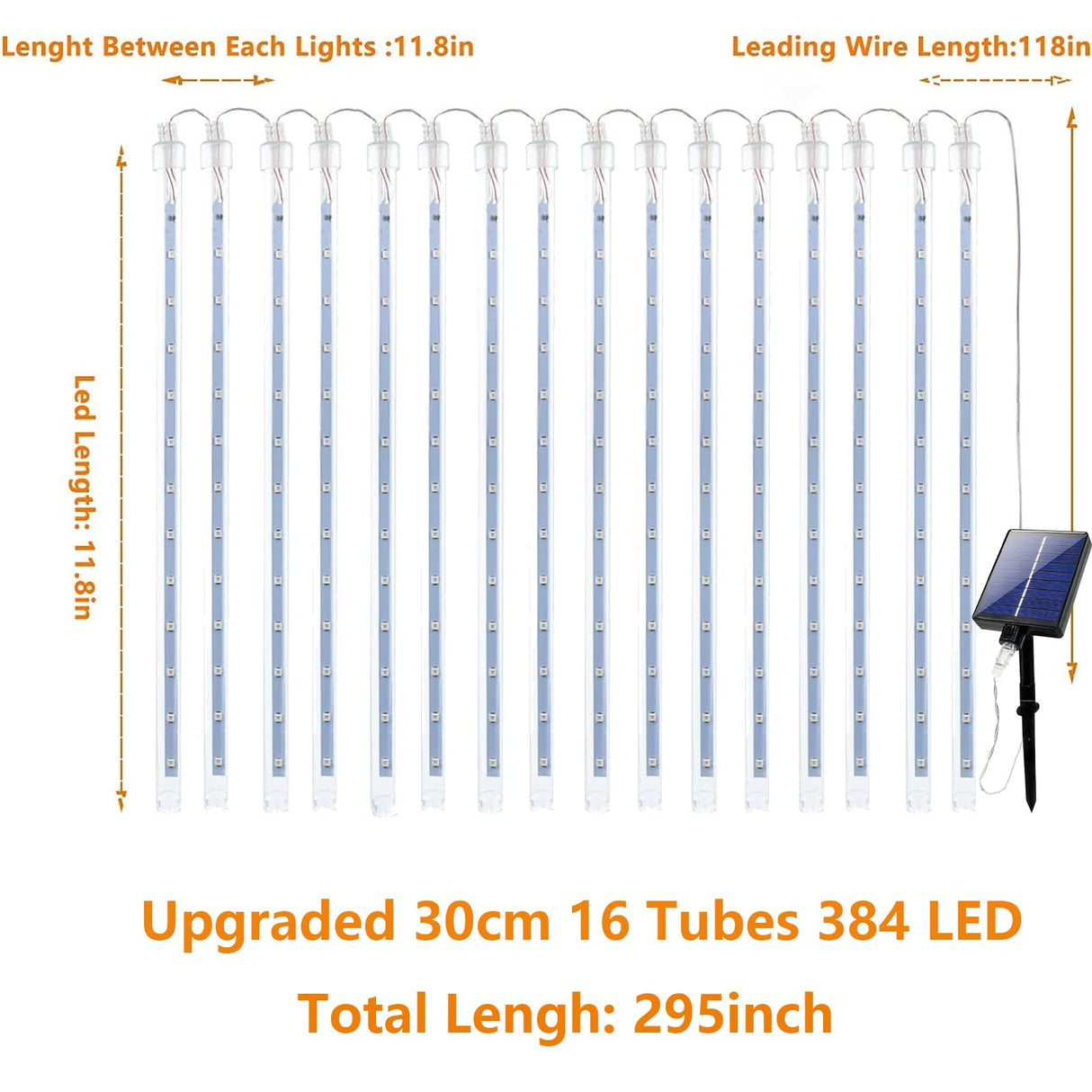 Solar Meteor Shower Lights,Solar Christmas Lights Outdoor Waterproof,16 Tubes 384 LEDs (Equivalent to 2 Sets of 8-Tube) Icicle String Light,LED Rain Drop Light for Tree Garden Decoration (Cool White)