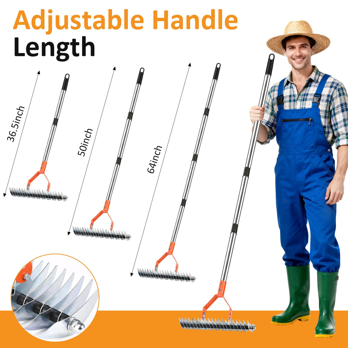 Thatch Rake -15 Inch Dethatcher Rake with Adjustable Handle, Efficient Steel Metal Rakes with Handle,Heavy Duty Thatching Rakes for Lawn,Garden, Yard