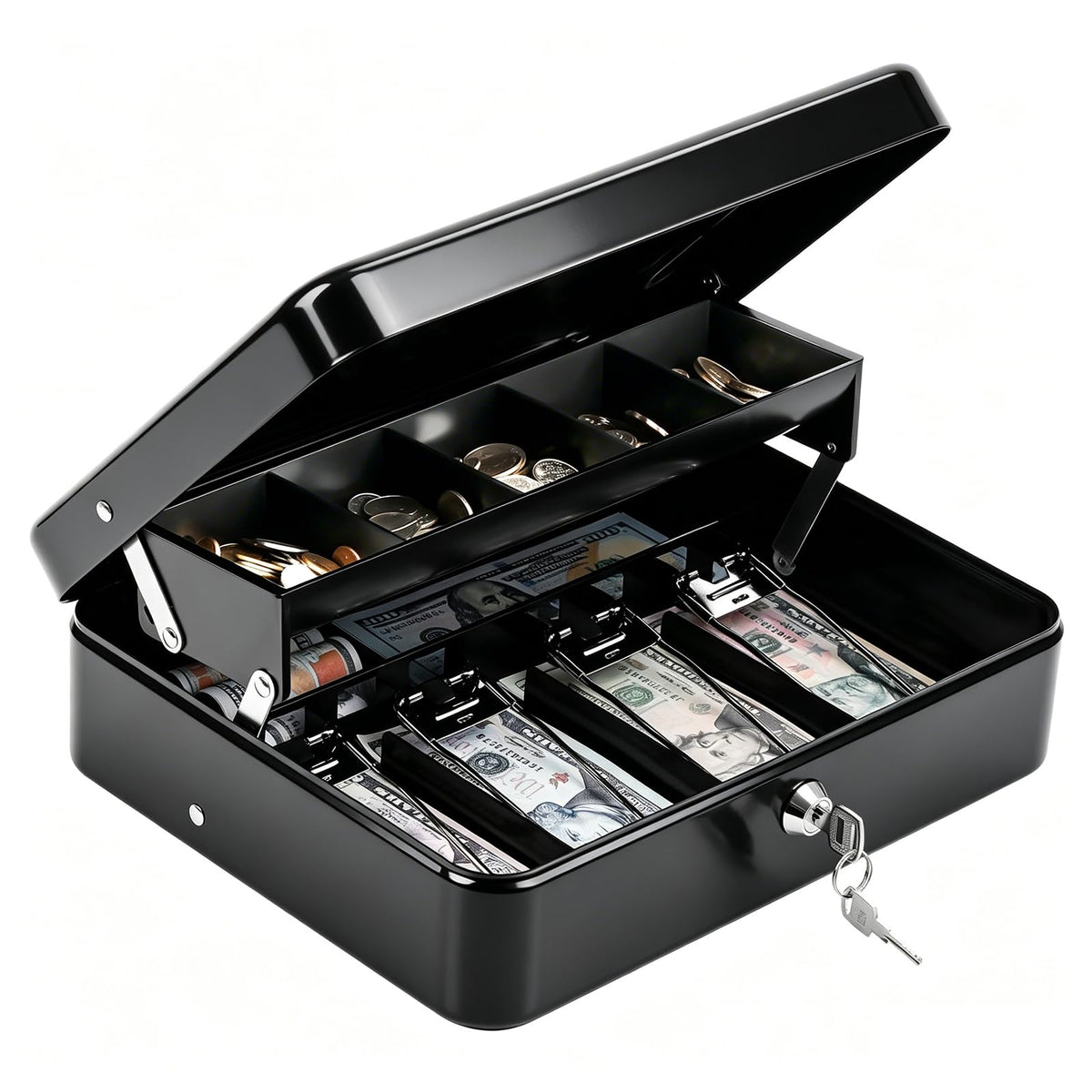 KYODOLED Cash Box with Money Tray and Key Lock, 1mm Thick Metal Cash Drawer
