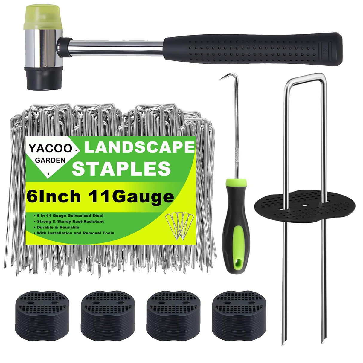 YACOO 6 Inch Landscape Staples Set, 11 Gauge Galvanized U-Shaped Garden Stakes (100 Pack) with 100 Gaskets, Hook Tool & Rubber Mallet for Weed Fabric & Landscaping