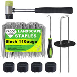 YACOO 6 Inch Landscape Staples Set, 11 Gauge Galvanized U-Shaped Garden Stakes (100 Pack) with 100 Gaskets, Hook Tool & Rubber Mallet for Weed Fabric & Landscaping