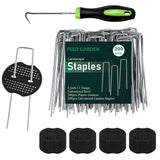FEED GARDEN Landscape Staples 6 Inch 200 Pack Kit, Heavy Duty 11 Gauge Hot-Dip Galvanized Garden Stakes with 200 Gaskets & 1 Pick Hook for Weed Barrier, Landscape Fabric, Sod, Turf & Garden Edging