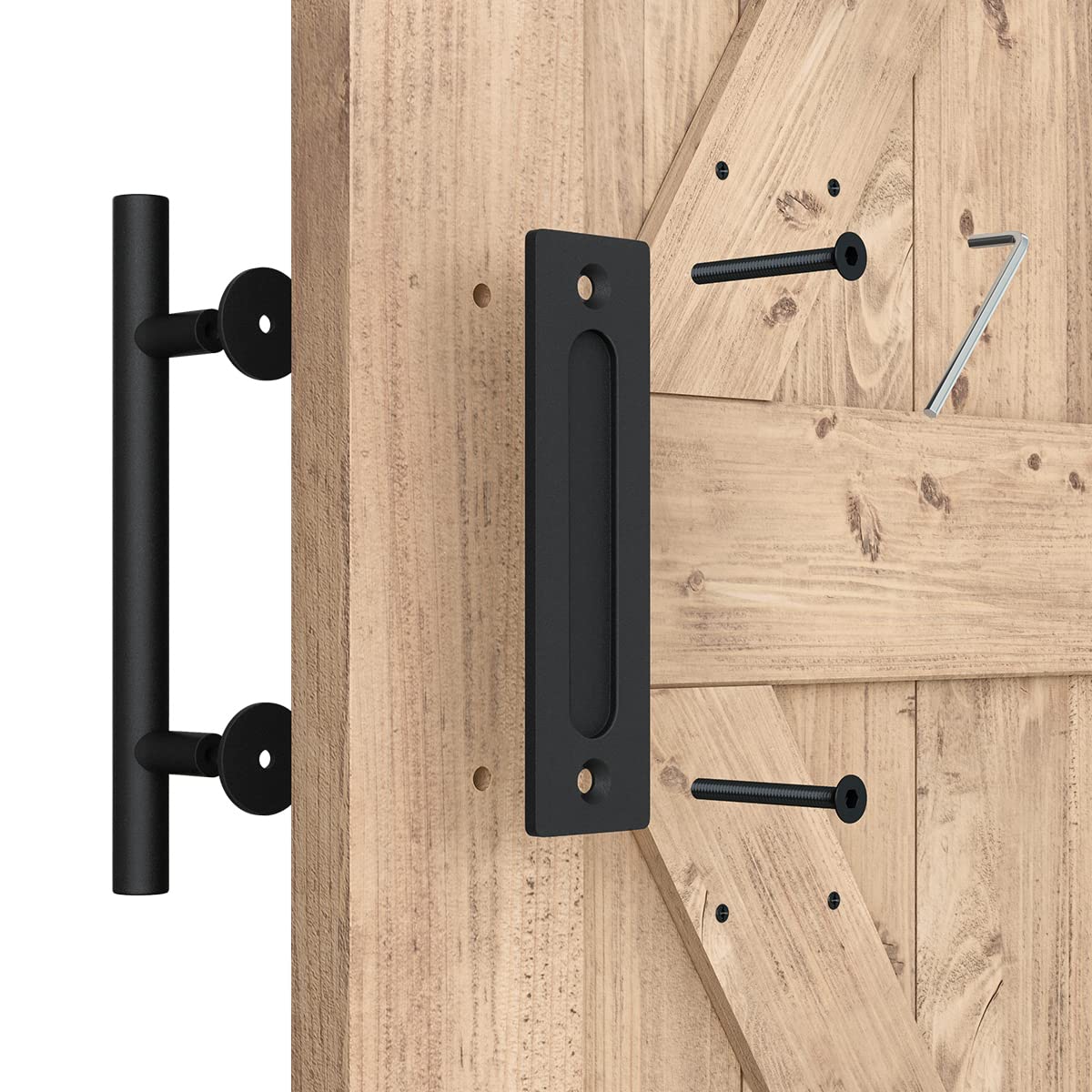 SMARTSTANDARD 2PCS Sliding Barn Door Handle, 12 Inch Heavy Duty Pull and Flush Hardware Set, Black, Large Rustic Two-Side Design, Round