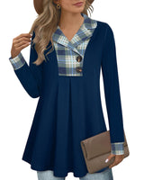 Gaharu Women Tunics: Warm Collared Button Lapel - Winter Sweatshirts Long Sleeve Sweater Shirts - Flowy Long Blouse Christmas Business Casual Plaid Tunic Tops for Leggings Blue Green Plaid XL