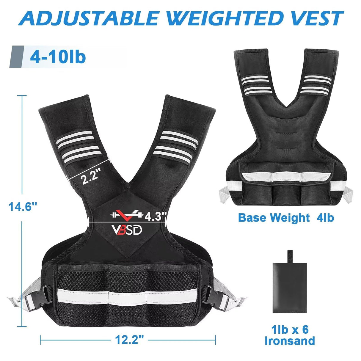 VBSD Adjustable Weighted Vest for Men Women, 4-10lb Vest with 6 Ironsand Weights, Body Weight Vest with Reflective Strip for Running, Walking, Strength Training, Workouts