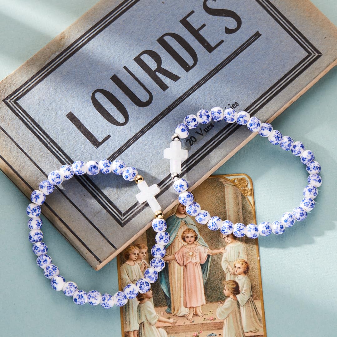 Holy Water Porcelain Cross Bracelet in Silver, Blue Floral Beads, Women