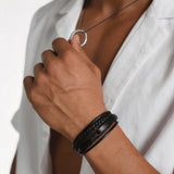 Tiwindx 6 Pcs Leather Bracelet for Men Black Braided Steel Cuff Layered Bracelets Men's Braided Bracelet Set