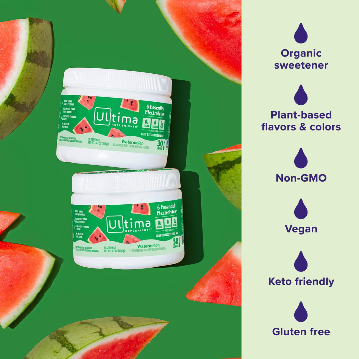 Ultima Replenisher Daily Electrolyte Powder Drink Mix – Sugar Free – Watermelon, 30 Servings – Hydration Powder with 6 Key Electrolytes and Trace Minerals – Keto Friendly, Vegan, Non-GMO