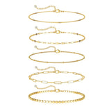 Dainty Gold Anklets for Women Waterproof, Simple14K Gold Palted Stackable Ankle Bracelets Non Tarnish, Thin Box Satellite Lips Dot Paperclip Link Chain Pack, Jewelry Sets for Summer Vacation Beach Swimming Bikini