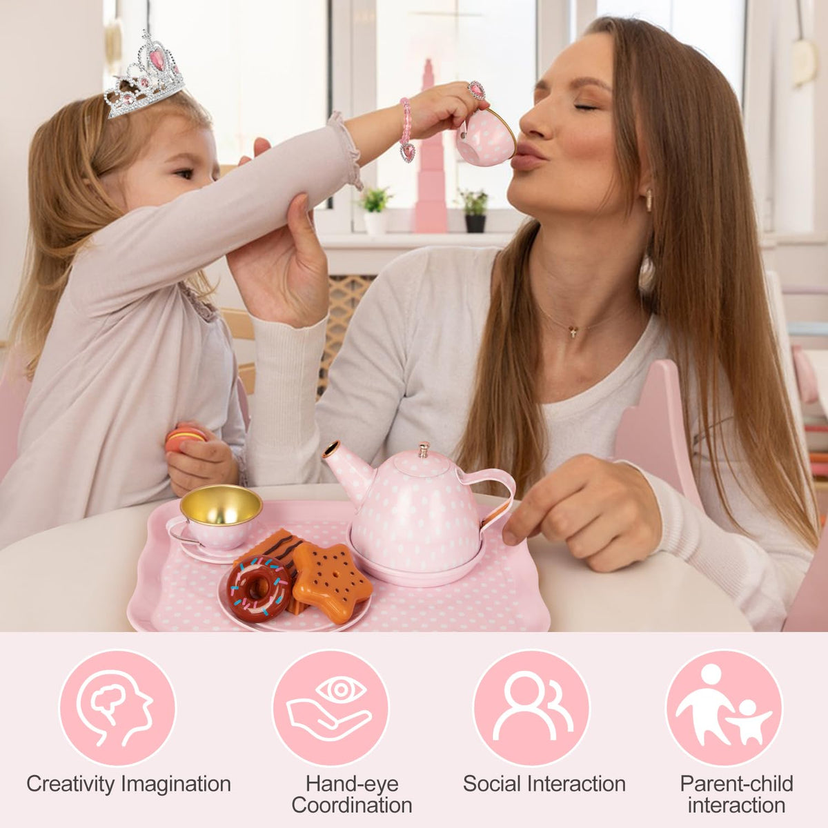 iAOVUEBY Tea Party Set for Little Girls, 49PCS Princess Tea Time Toys Including Tea Set Dessert Carrying Case, Kids Kitchen Pretend Playset, Tea Set for Girls Birthday Toddler Age 3-8, Pink
