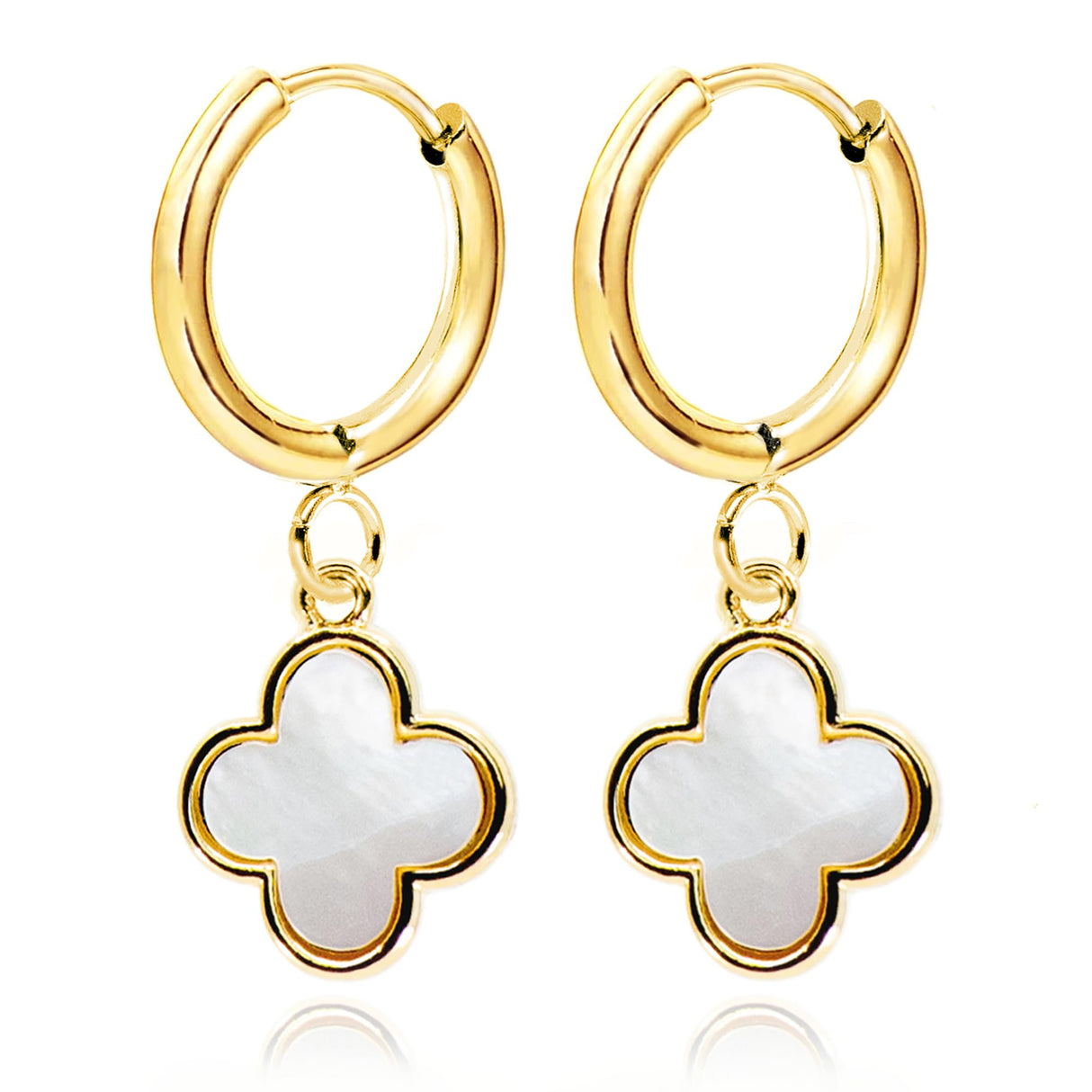 MUSEQVE White Four Leaf Clover Earrings for Women 14K Gold Plated Mother of Pearl Lucky Clover Charm Drop Dangle Huggie Hoop Jewelry Gifts [CVRE-WH-G]