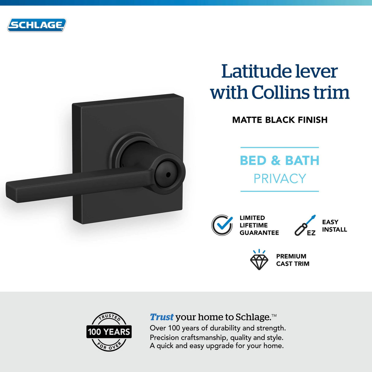 Schlage F40 LAT 622 COL Latitude Lever with Collins Trim Bed & Bath Privacy Door Lock, Matte Black