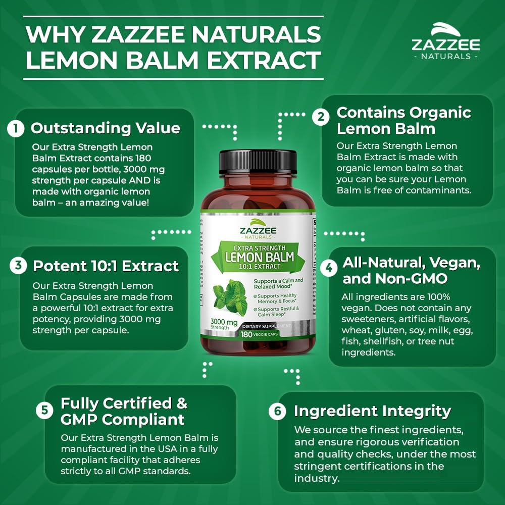 Zazzee Organic Lemon Balm 10:1 Extract, 3000 mg Strength per Capsule, 180 Vegan Capsules, 6 Month Supply, Standardized and Concentrated 10X Extract, 100% Vegetarian, All-Natural and Non-GMO