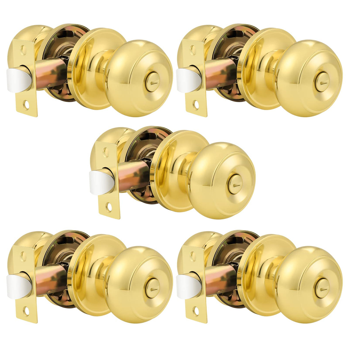 Probrico Privacy Door Knobs Lock Interior Bedroom Bathroom Door Handle Polished Brass Round Ball Keyless Lockset 5 Pack