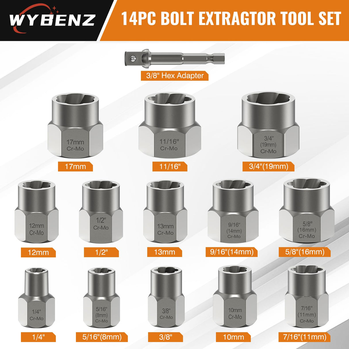 14 PCS Bolt Extractor Set, 3/8" Drive Impact Bolt & Lug Nut Remover Socket Tool Kit, Stripped Bolt Extractor Socket Set For Broken,Damaged, Frozen, Studs, Rusted, Rounded-Off Bolts, Nuts & Screws
