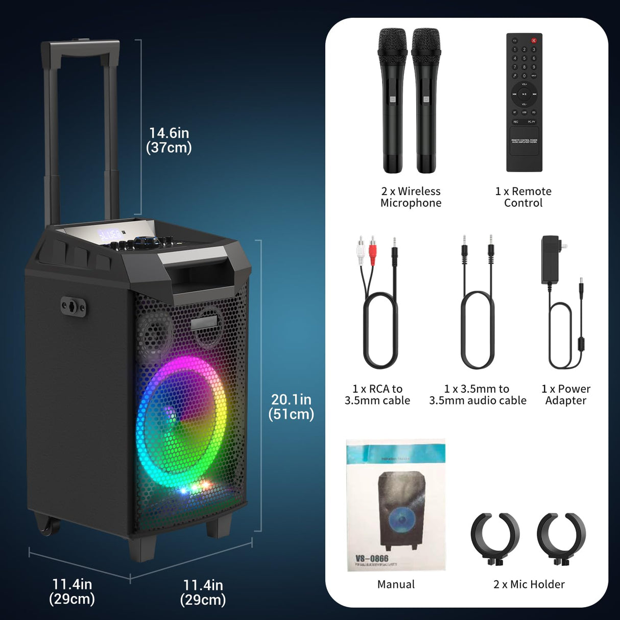 VeGue Karaoke Machine, Bluetooth Speaker PA System for Adults & Kids with 2 Wireless Microphones, 8'' Subwoofer, Wireless Singing Machine for Christmas Party, Wedding, Gathering(VS-0866)