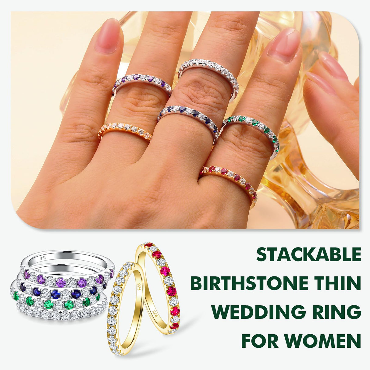 RANDES Blue Sapphire Eternity Rings for Women 925 Sterling Silver September Birthstone Ring Stackable Thin Sapphire Band Ring Size 7