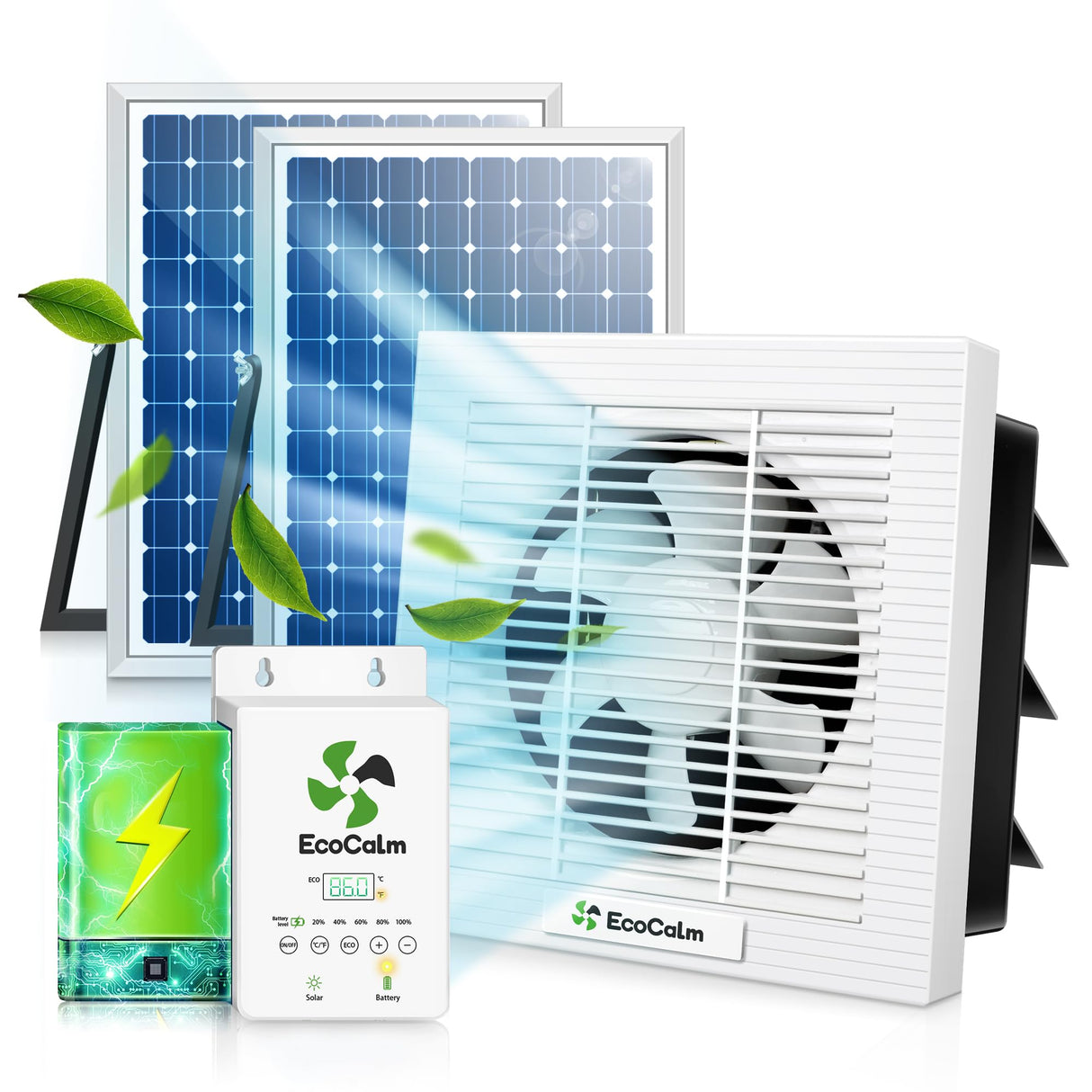 ecoCalm Solar Fan 10" with Smart Thermostat and Battery for Greenhouse