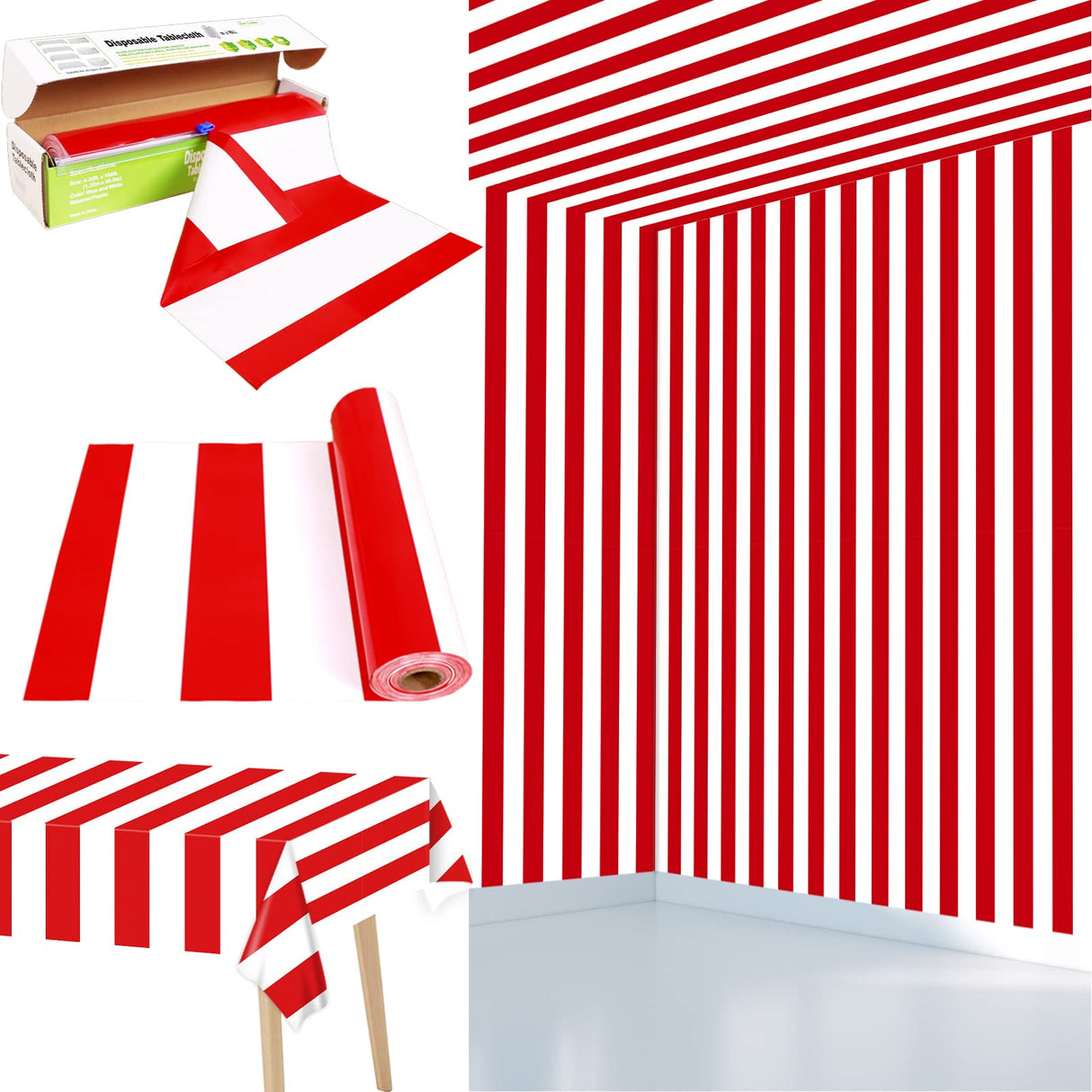 Red and White Striped Tablecloth Roll 52 in x 100 Ft with Slide Cutter Circus Carnival Party Supplies Halloween Christmas Plastic Picnic Table Cover for Indoor Outdoor Events Family Banquet Party