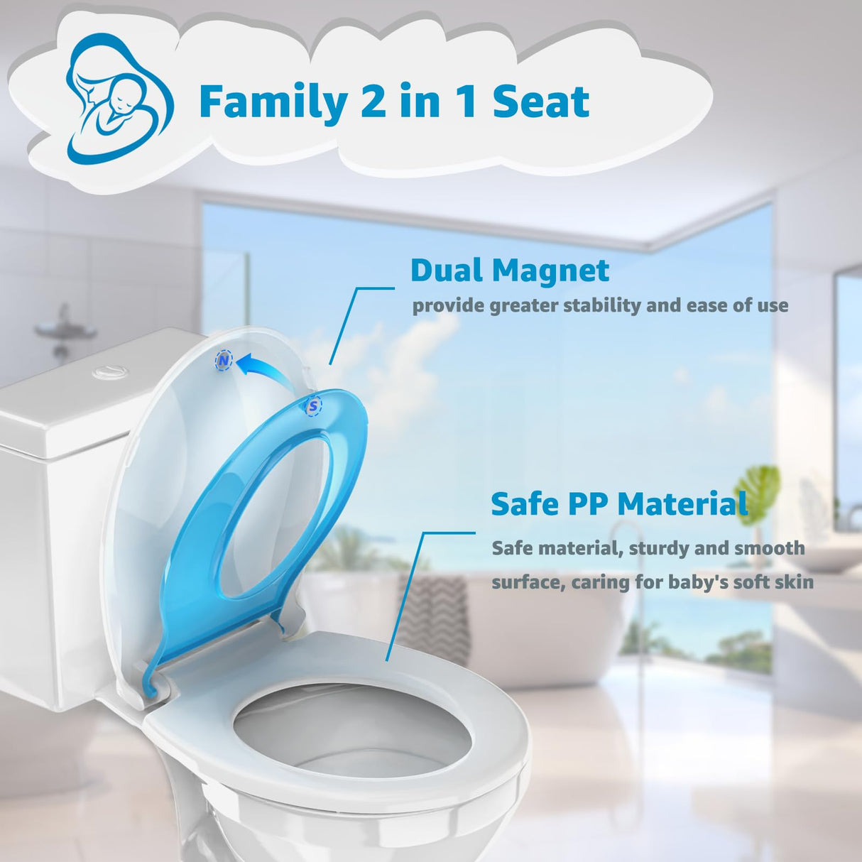 Potty Training Seat Built-in Toilet Seat, Round Toilet Seat 16.5inch with Baby Seat 2 in 1 Soft Close Quiet No Slapping, Magnetic Absorption, Easy Installation for Bottom Fixing Toilet，White and Blue