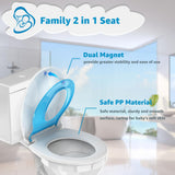 Potty Training Seat Built-in Toilet Seat, Round Toilet Seat 16.5inch with Baby Seat 2 in 1 Soft Close Quiet No Slapping, Magnetic Absorption, Easy Installation for Bottom Fixing Toilet，White and Blue