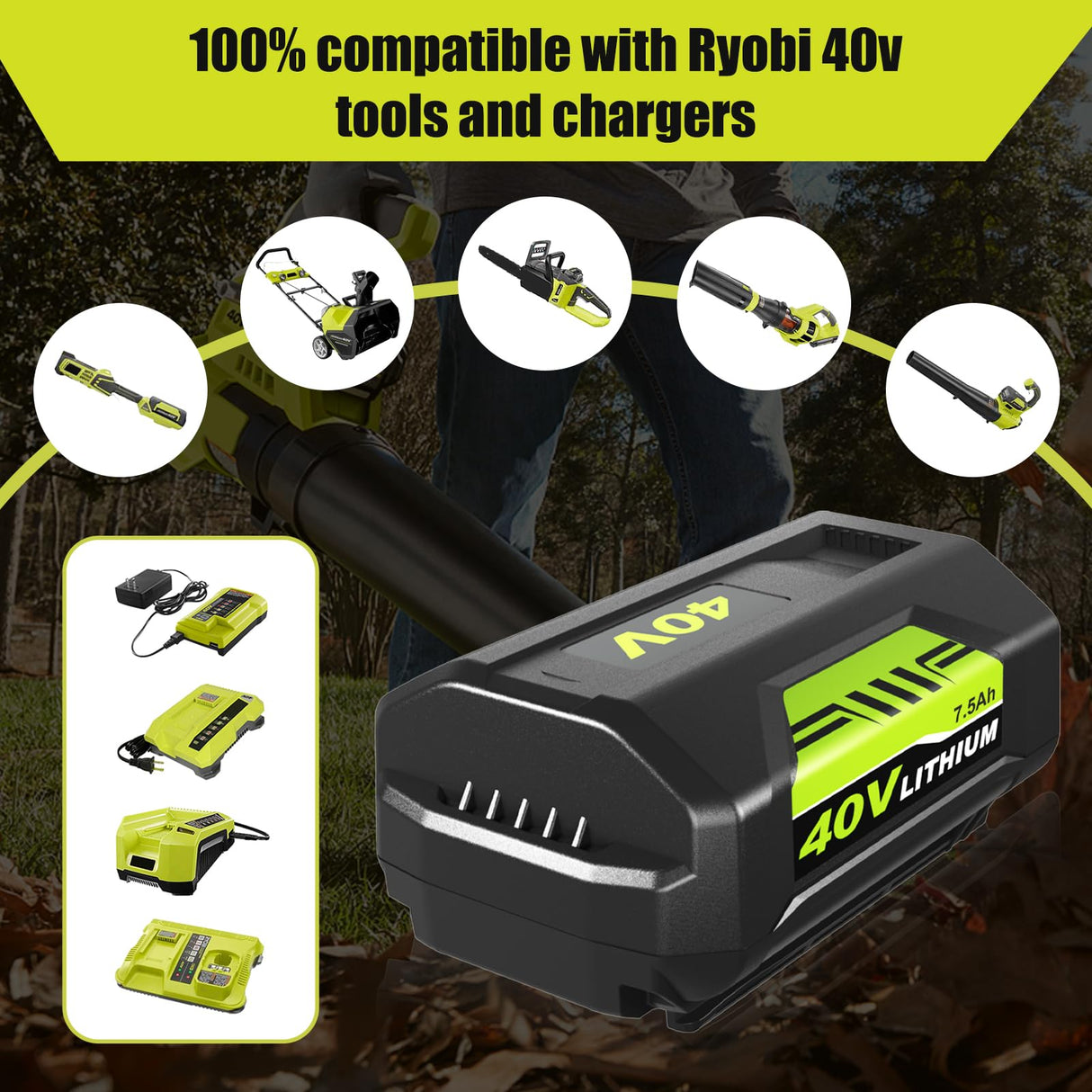 7500mAh Replacement for Ryobi 40 Volt Battery Lithium ion Compatible with Ryobi 40V Battery 7.5Ah OP4075A OP40602 OP40401 OP4026 OP40261 OP4050 OP40601 OP4030 Power Cordless Tools 2 Pack (Green)