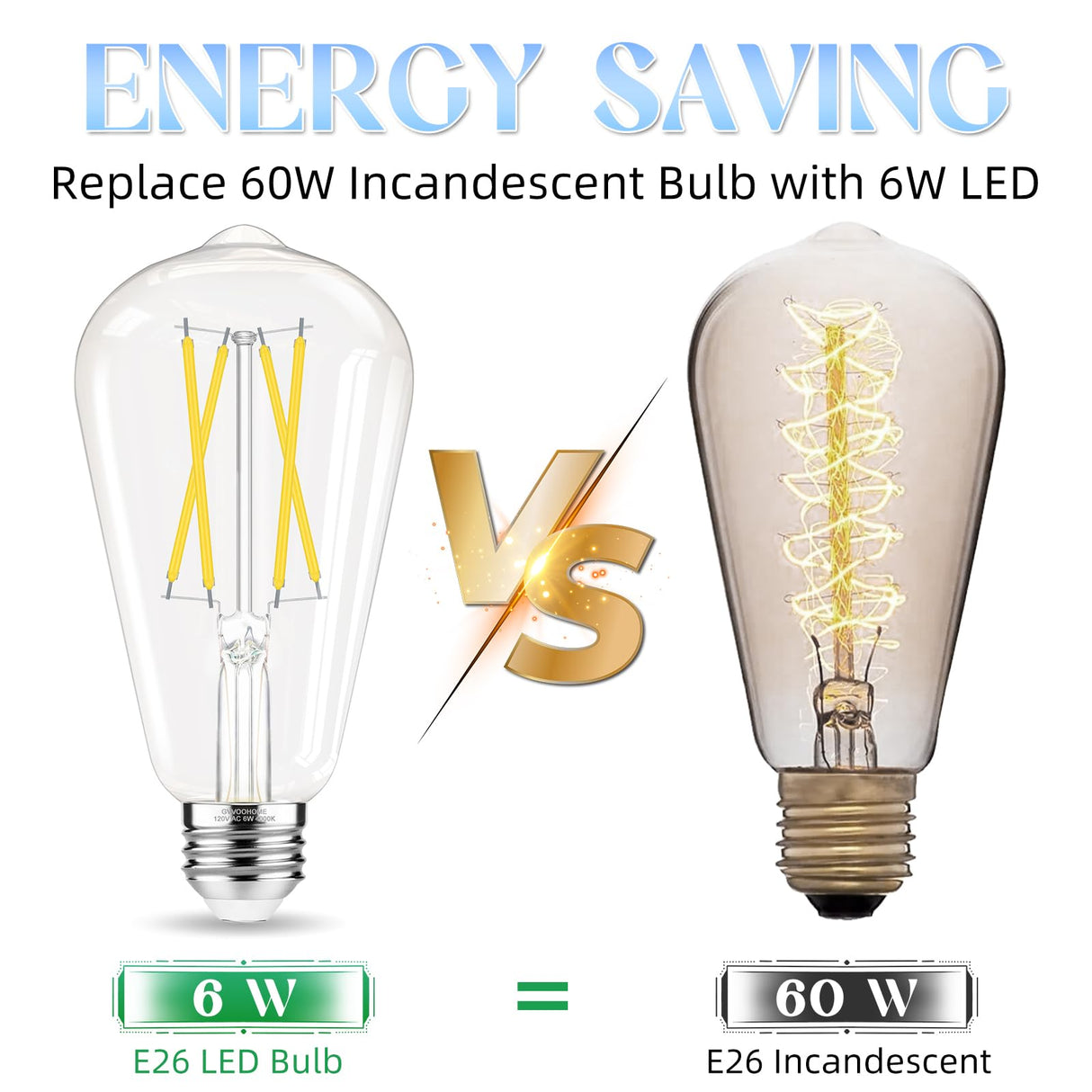 GvvooHome Edison Bulbs, E26 LED Bulb 60 watt Equivalent, Non-Dimmable, 4000K Daylight White, ST58 Vintage Light Bulbs, 90+ CRI, 6W 600LM, E26 Medium Base, Clear Glass, 6 Pack