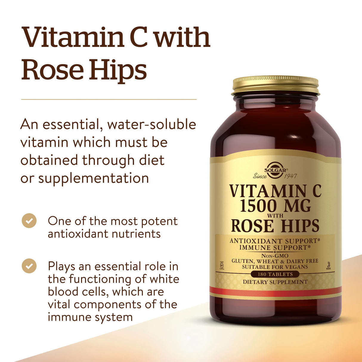 Solgar Vitamin C 1500 mg with Rose HIPS, 180 Tablets - Antioxidant & Immune Support - Overall Health - Supports Healthy Skin & Joints - Non GMO, Vegan, Gluten Free, Dairy Free, Kosher - 180 Servings