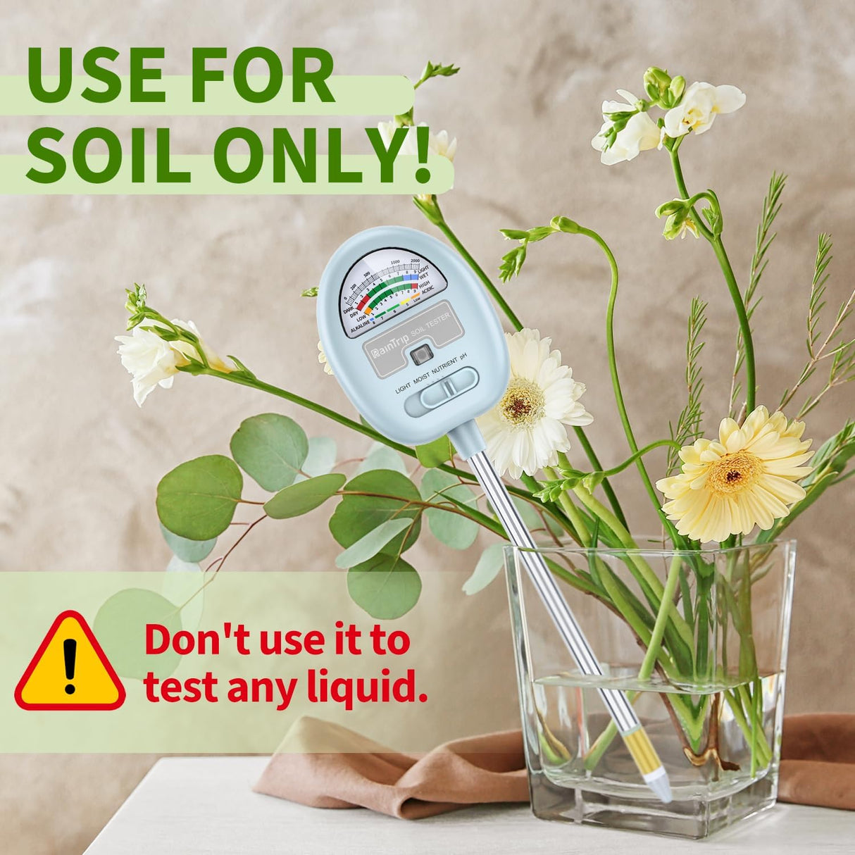 4-in-1 Soil Moisture Meter, Moisture Meter for Plants, Soil Ph Meter, Tester for Moist, Light, Nutrients, pH, Great for Garden, Lawn, Farm, Indoor & Outdoor Use，No Battery Required, Blue
