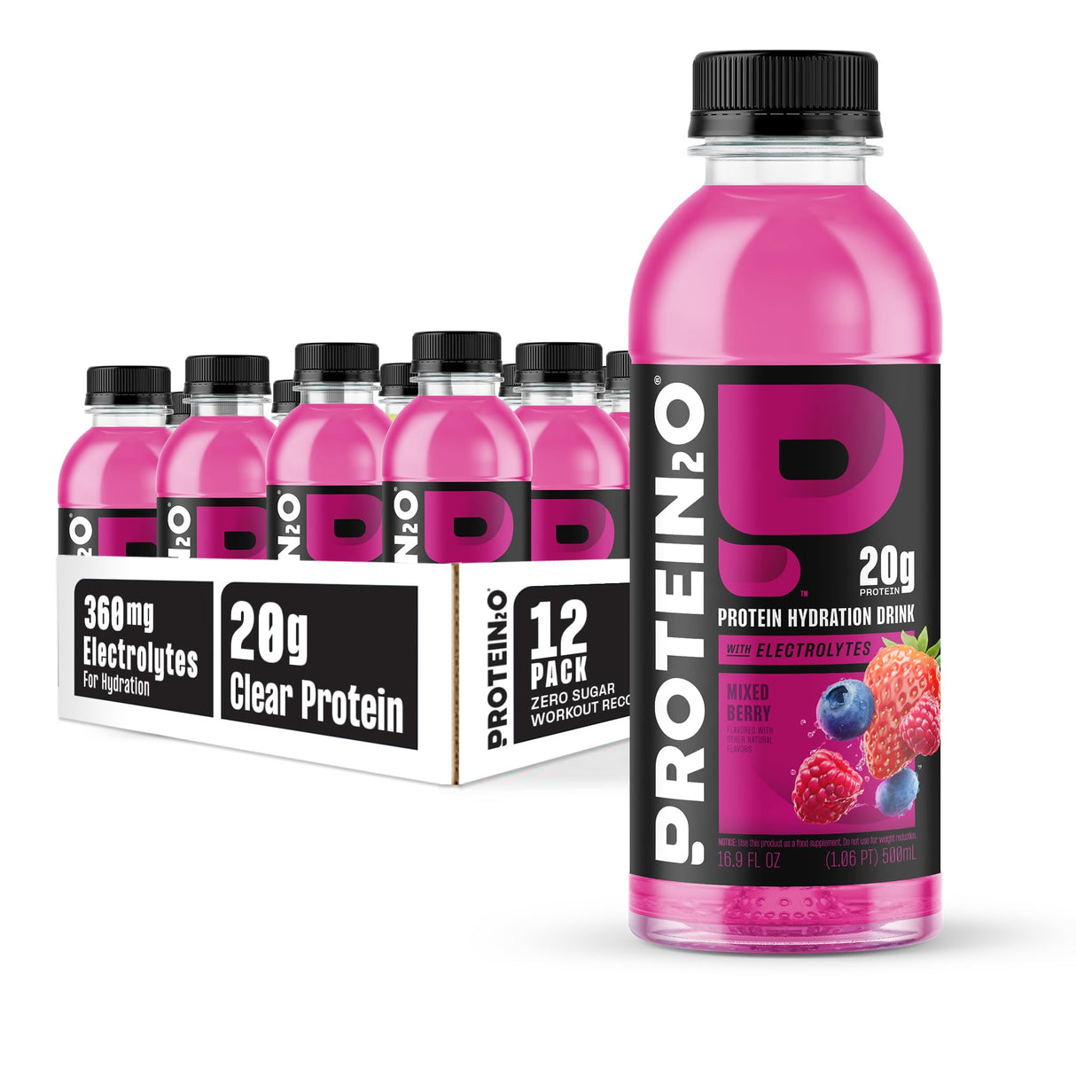 Protein2o Hydration Drink - 2-in-1 Liquid Clear Whey Protein Isolate and Electrolyte Drink - 20g Protein, Vitamins B5, B6 - Post-Workout Recovery - 16.9 Fl Oz - 12 Count Mixed Berry