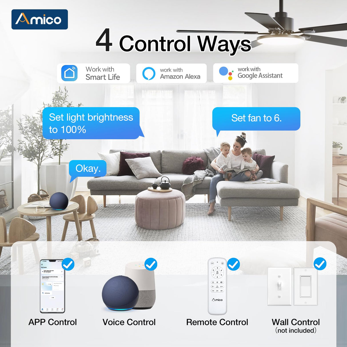Amico 52 Inch Smart Ceiling Fan with Lights, Remote/App/Alexa/Google Control, WiFi Modern Downrod Mount Ceiling Fan, Reversible DC Motor, 6 Speeds, 3CCT, Dimmable, Quiet for Bedroom/Living Room, Black