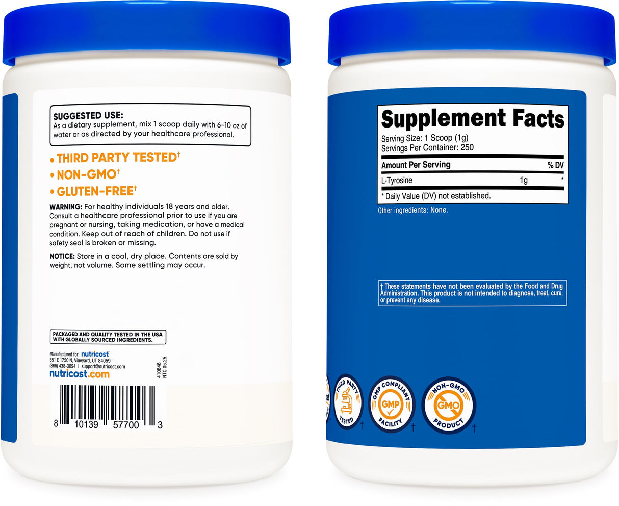 Nutricost L-Tyrosine Powder 250 Grams - Pure L-Tyrosine Powder 1000mg Per Serving