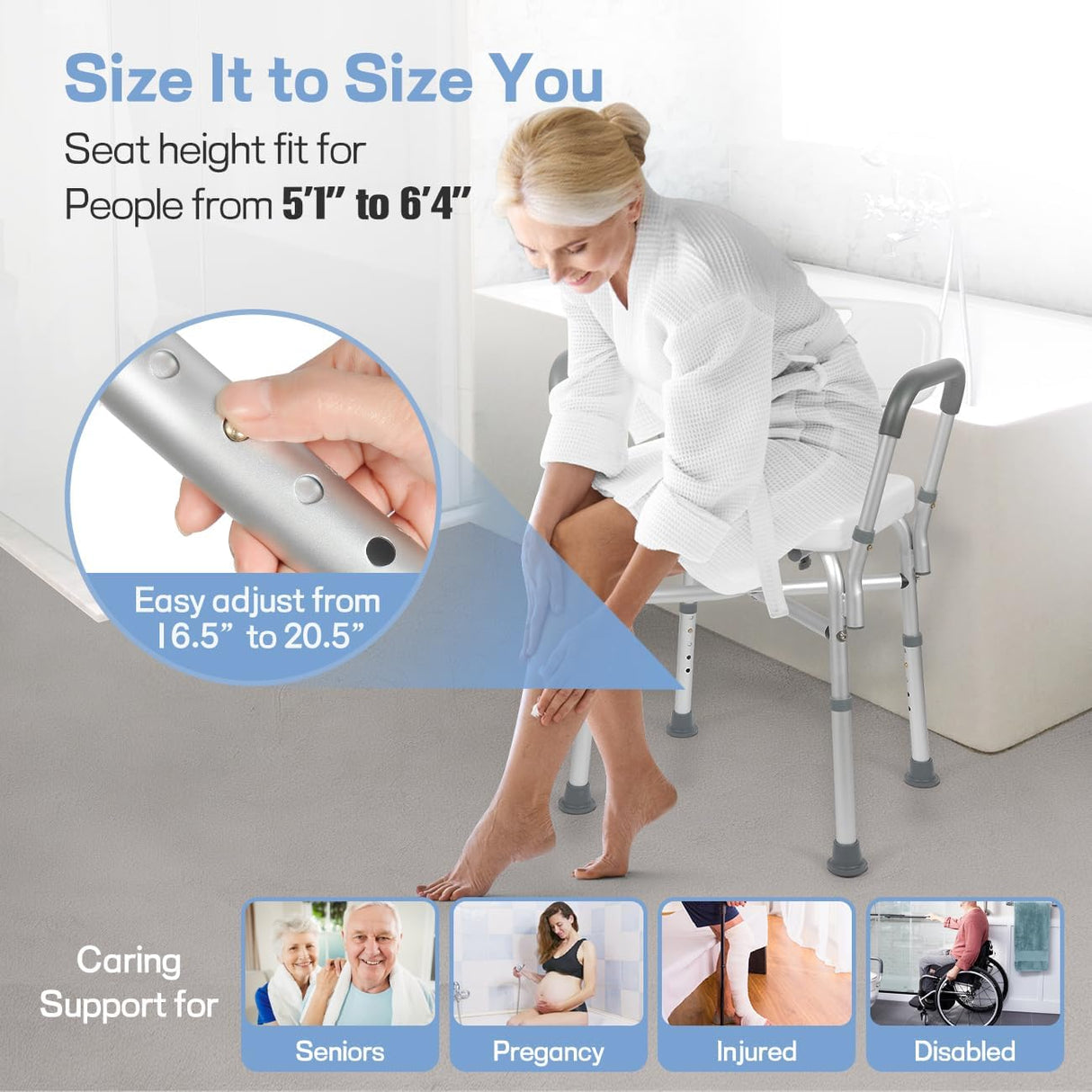 TABEKE Shower Chair for Inside Shower, FSA/HSA Eligible 500lb Compact Shower Chair with Backrest & Padded Armrest, Height Adjustable Shower Bench W.Suction Cups, Shower Seat for Elderly and Disabled