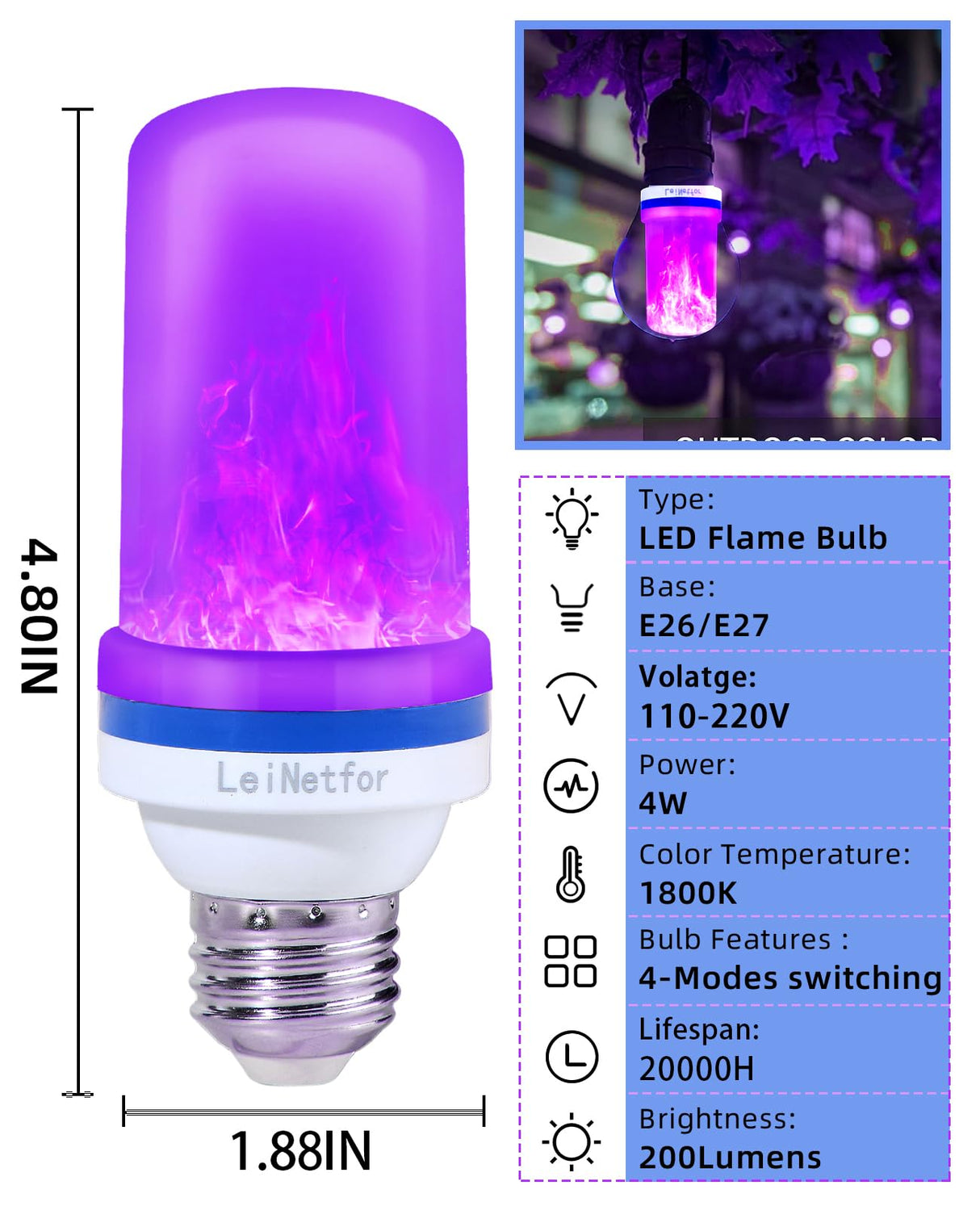 LeiNetfor Upgraded LED Purple Flame Light Bulbs - Halloween Decorations Outdoor Light Bulbs,E26/E27 Base Christmas Purple Flickering Light Bulbs Outdoor, 4W LED Flame Bulbs Lights (4 Pack)