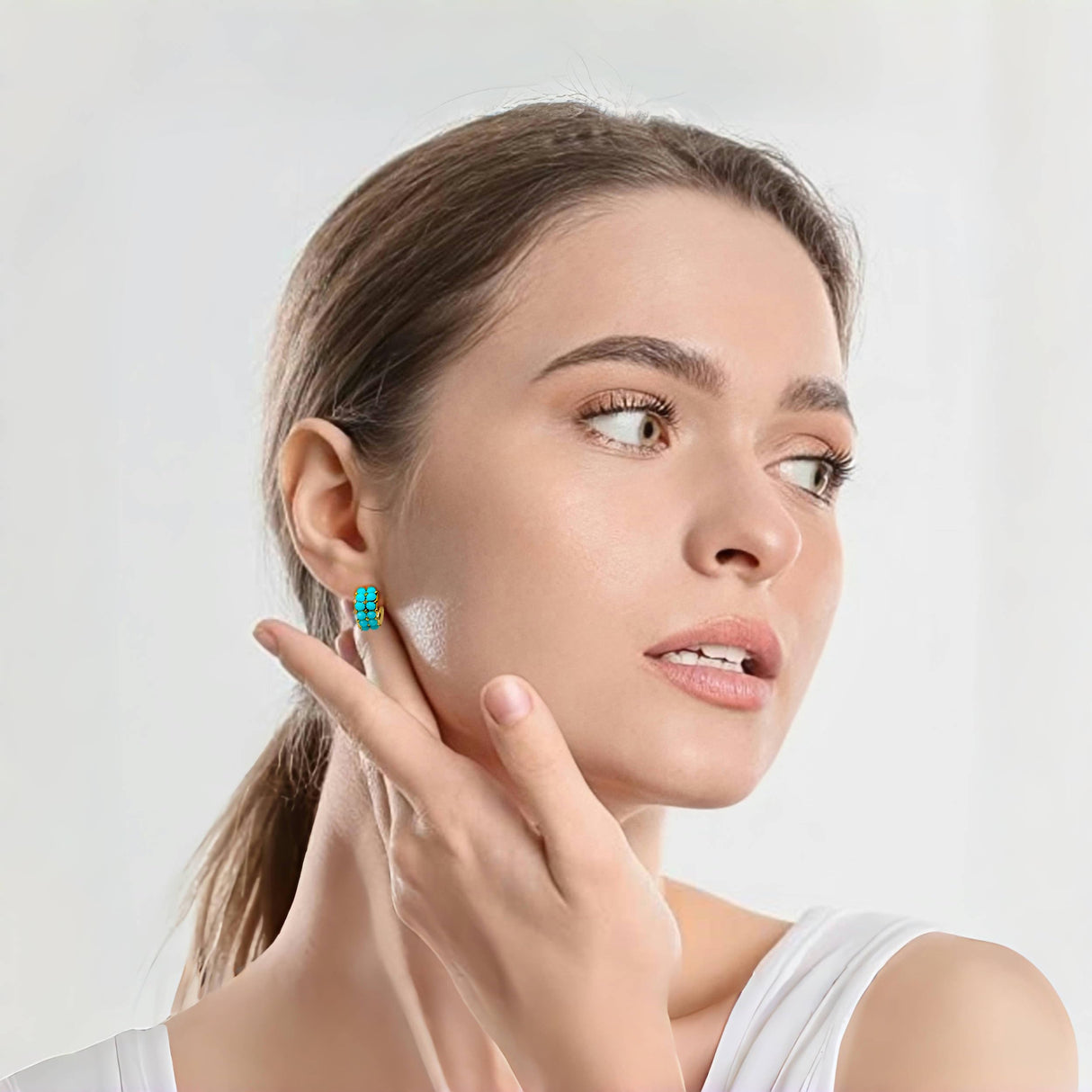 Simulated Turquoise Huggie Hoops Earrings For Women-Small Gold Plated, Boho Unique Dainty Everyday Wear