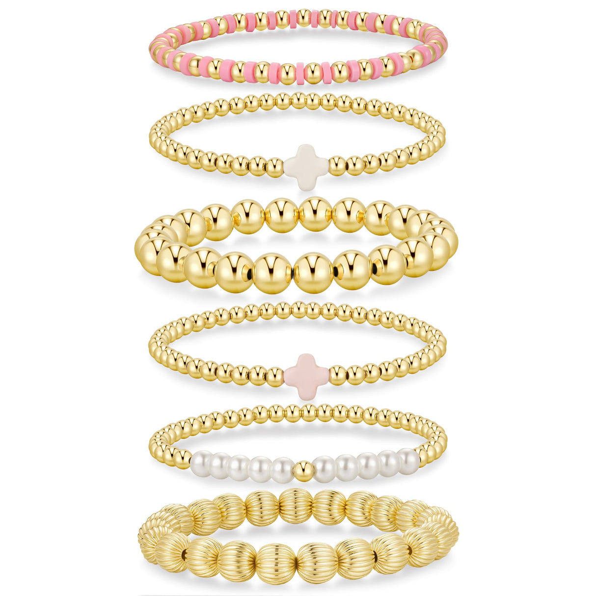 Yoosteel Gold Beaded Bracelets Set for Women Teen Girls - 14k Gold-Plated Dainty Beaded Cross Pearl Bracelet for Women Teenage Girl Gifts Stackable Jewelry Gifts 6 Pcs