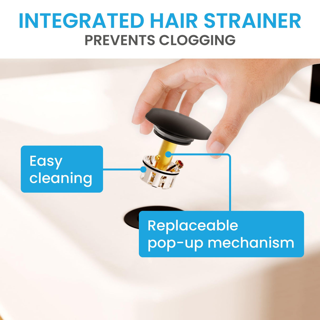 Bächlein Extra Long Universal Drain Fitting without Overflow (Matt Black) - Pop Up Valve for Countertop Washbasins