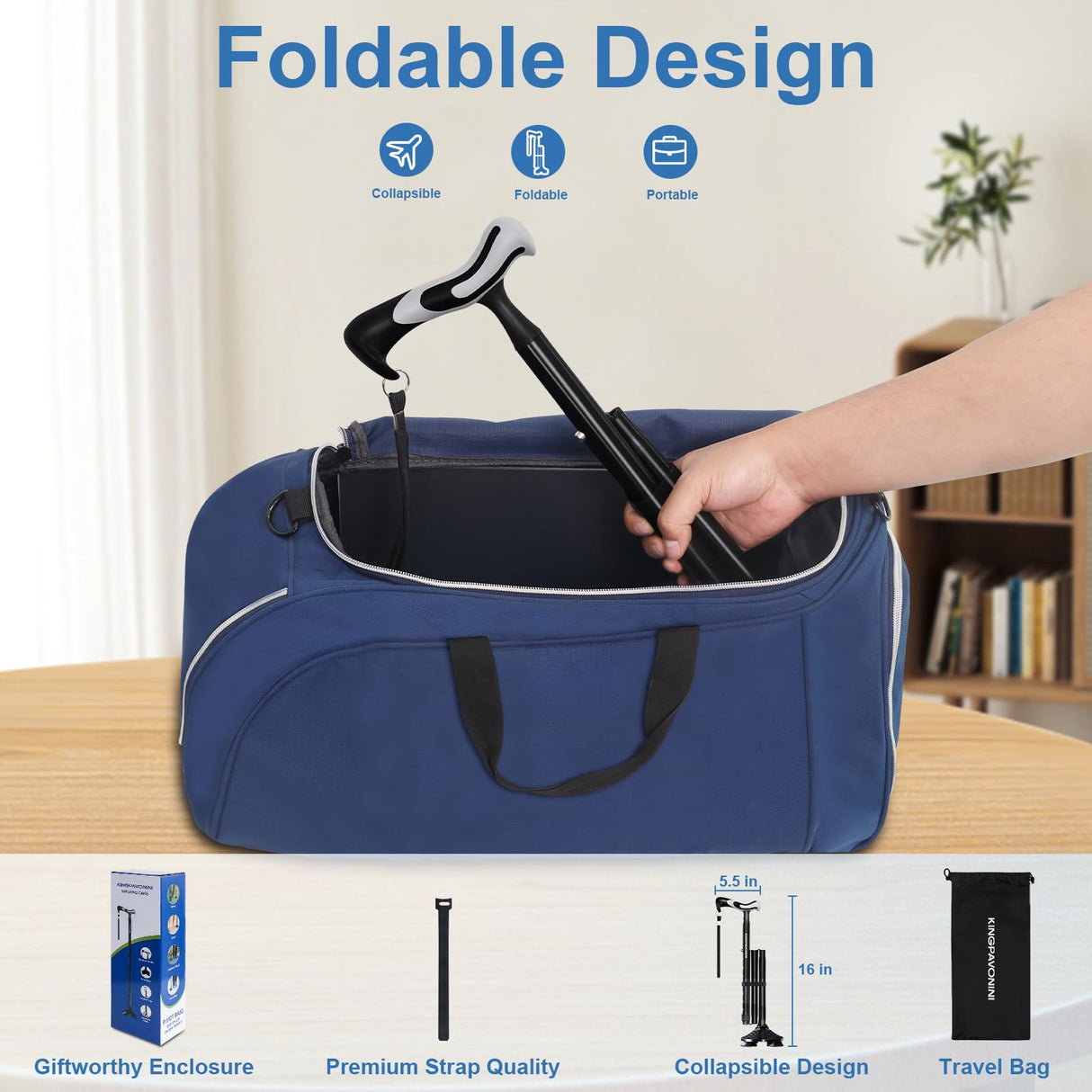 KingPavonini Walking Cane for Men Women Stability, Free Standing Foldable Cane, Ergonomic Handle Pivoting Quad Base, Heavy Duty 350 LBs, Adjustable Walking Canes for Seniors Balance with Travel Bag