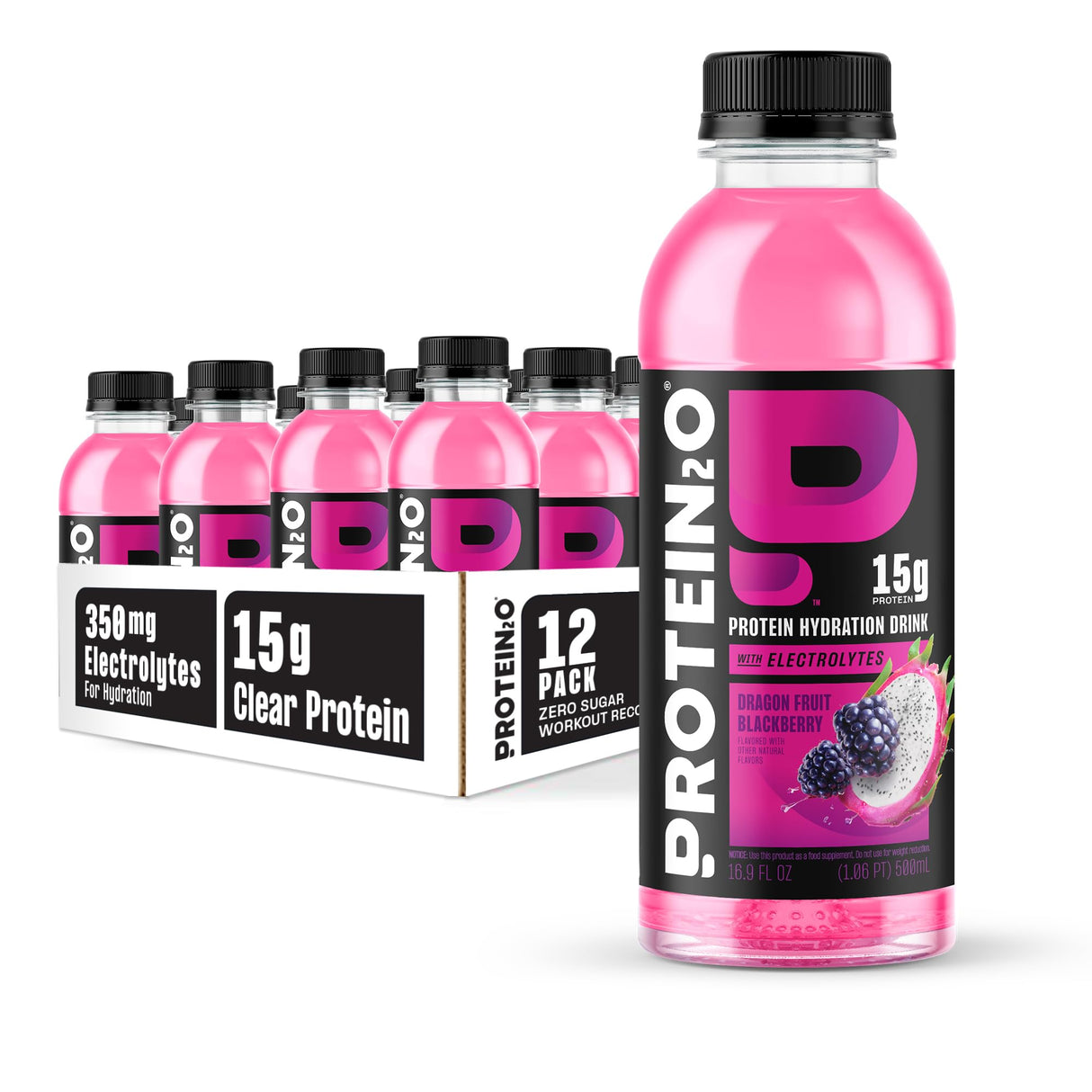 Protein2o Hydration Drink - 2-in-1 Liquid Clear Whey Protein Isolate and Electrolyte Drink - 15g Protein, Vitamins B5, B6 - Post-Workout Recovery - 16.9 Fl Oz - 12 Count Dragon fruit Blackberry