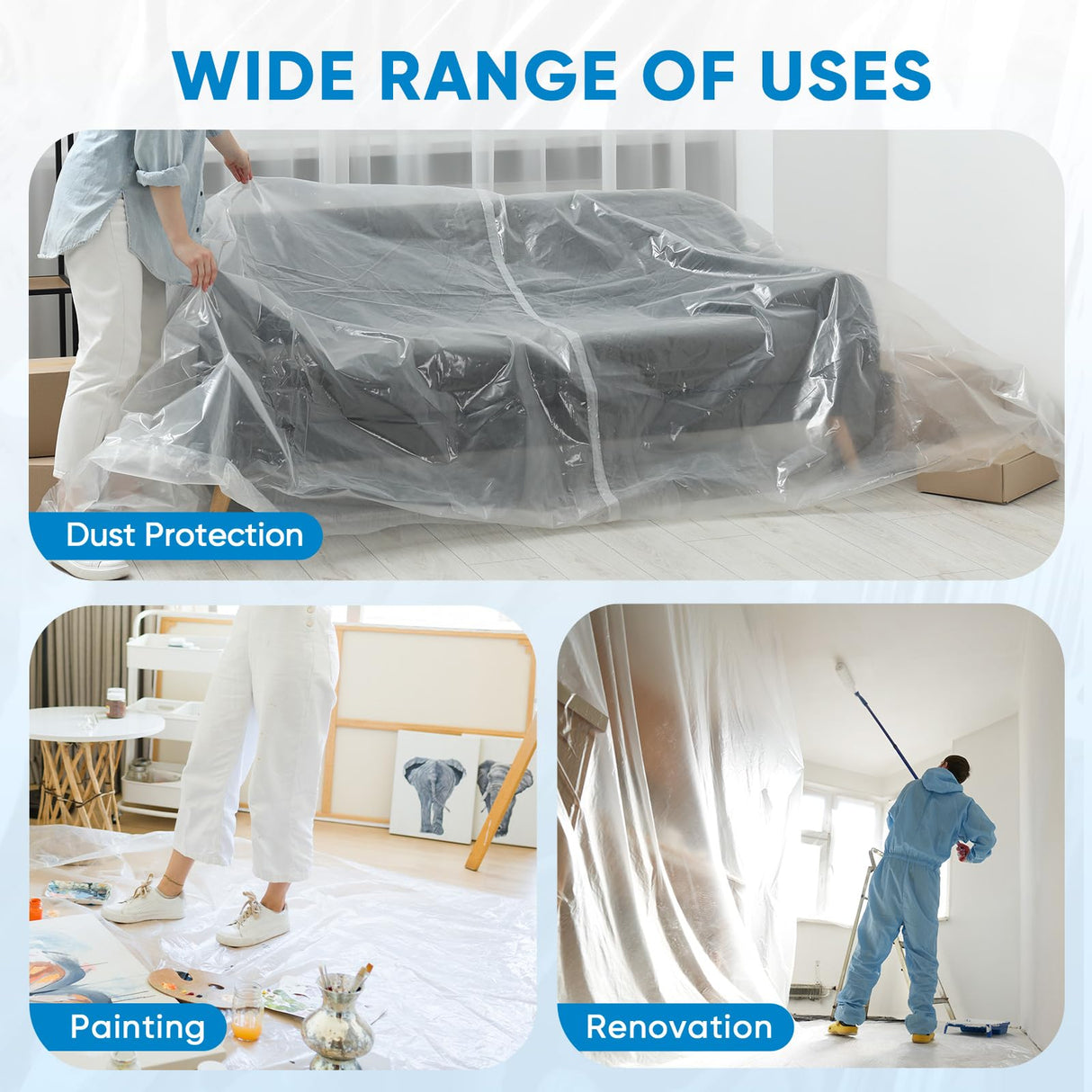 TICONN 12 x 9 Ft Plastic Drop Cloth for Painting, Waterproof Painters Plastic Sheeting, Painting Tarp for Furniture Cover, Floor Protection (12PK, 1.2Mil)