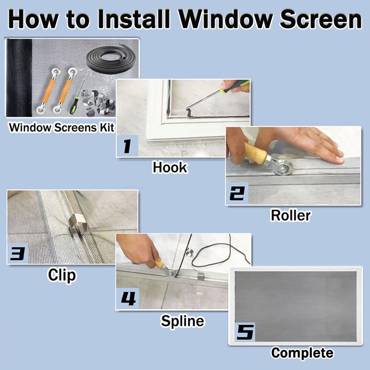 King&Charles Window Screen Door Repair/Replacement Kit, Include Black Screen Mesh 48"x118"+ 2 Roller+50Ft Spline+8Clips+Hook, 6 in 1 Window Mesh Kit, Steel/Nylon Bearing Roller