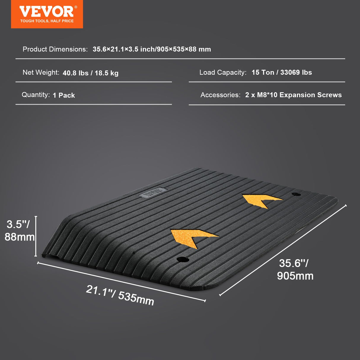 VEVOR 3.5" Rise Rubber Threshold Ramp for Doorway, Recycled Natural Rubber Curb Ramp Rated 33069Lbs Load Capacity, Non-Slip Textured Surface Rubber Ramp for Wheelchair and Scooter