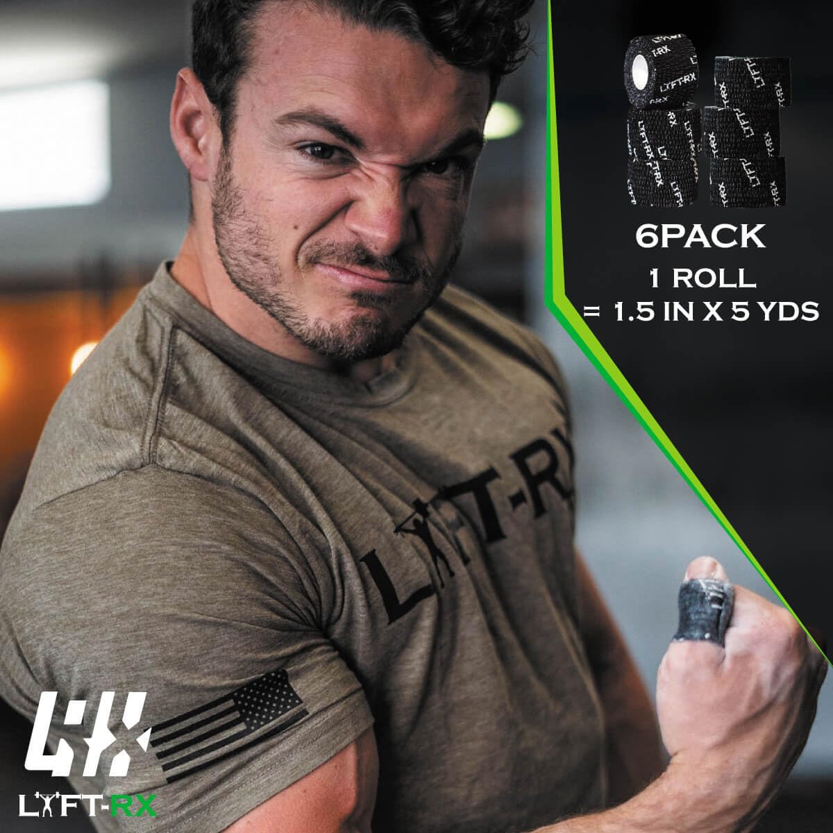 LYFT-RX Weightlifting Hook Grip Tape w/Premium Adhesive for Olympic Weight Lift, Cross Fitness, Lifting, Stretch Fit Athletic Finger Wrap, Protects Thumb Fingers, Size1.5in Black 6-Rolls