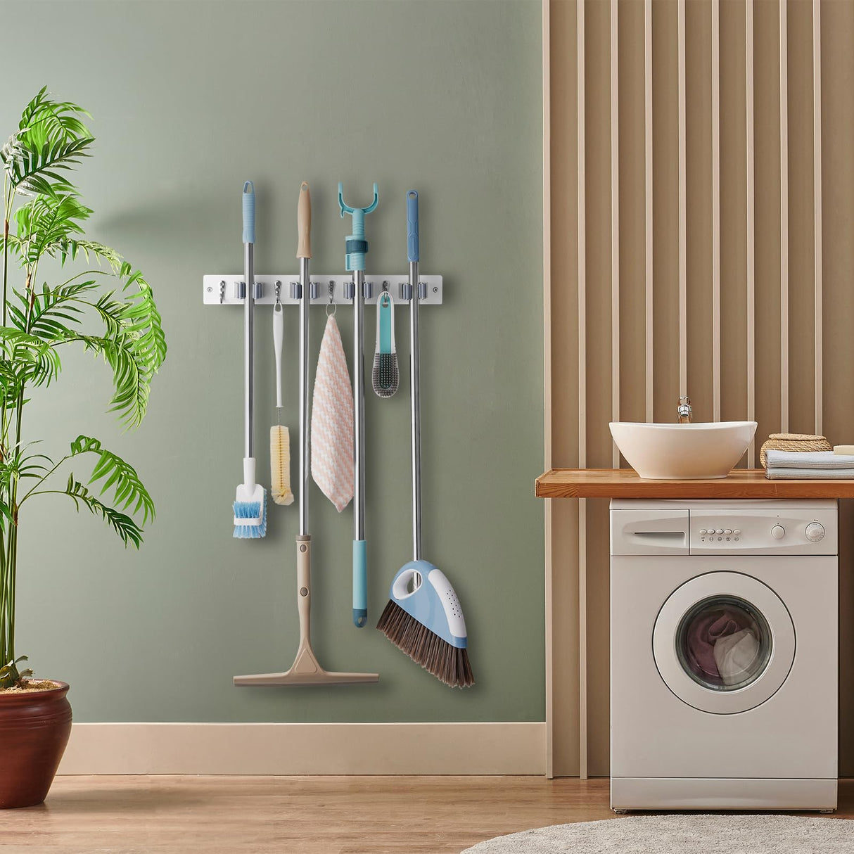 OUTNILI White Mop Broom Holder Wall Mount with 4 Slots & 4 Hooks - Wood Broom Mop Hanger for Pantry Closet Laundry Room Organization - Heavy Duty Garden Tool Organizer - White Kitchen Decor