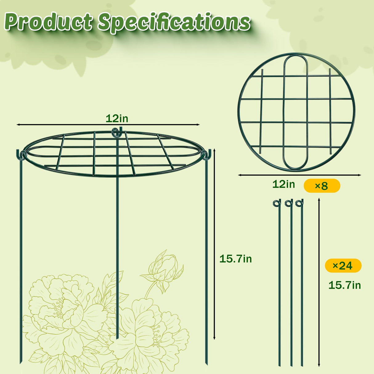 TTQ 8 Pack 12 x 15.7 inch Peony Cages and Supports,Metal Grow Through Plant Supports for Outdoor Plants,Flowers Support Rings Top-Heavy Plant Brace Support Hoop for Vegetables,Rose,Tomato,Orchids