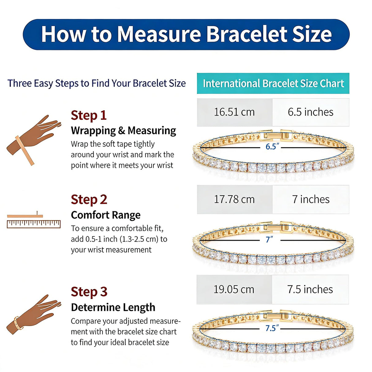 Haqptul 18K Gold/Sterling Silver Plated Tennis Bracelet for Women Men Cubic Zirconia White Gold Diamond 3mm Size 6.5-7.5 Inch