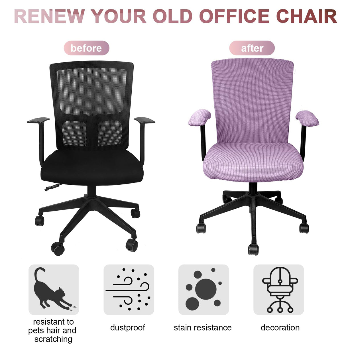 Tallew 4 Pcs Office Chair Covers Set Computer Universal Protective Stretchable Chair Seat Covers Desk Armrest Covers Slipcovers Pads Office Cushion Backrest for Rotating(Lilac Purple,Polyester)